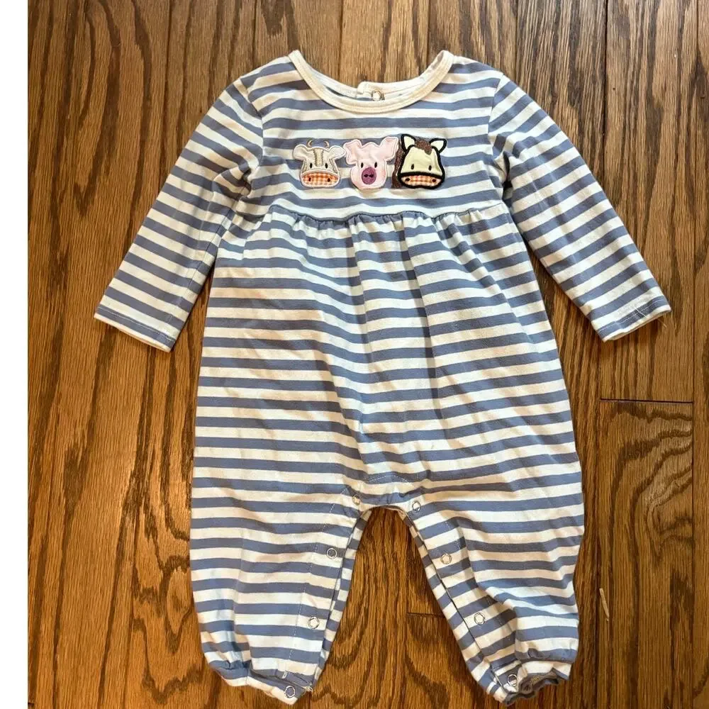 Stitchy Fish Onsie 18M Farm Animal Romper Blue‎ Stripe Long Sleeve  and Bloomers